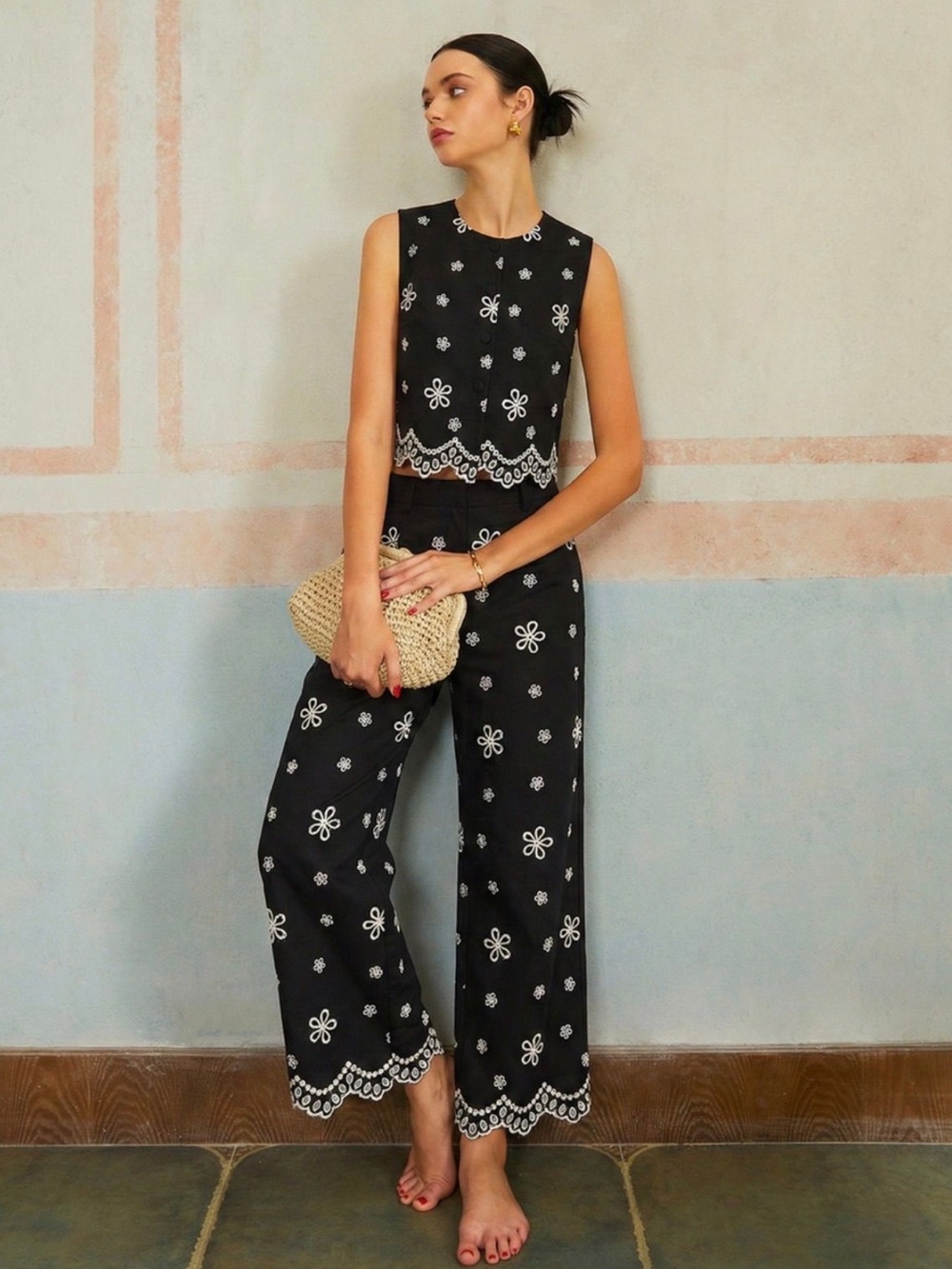 Commense Embroidered Floral Cotton Top & Pants Set Size XL NWT